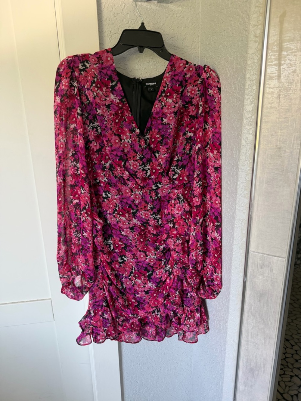 Express Fuchsia Floral Long Sleeve Wrap Dress
